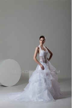 attractive Sleeveless A-Line Halter Satin Organza Wedding Dresses 2030598