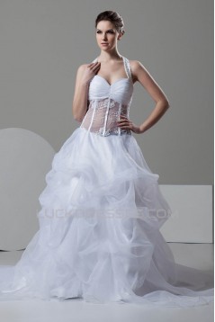 attractive Sleeveless A-Line Halter Satin Organza Wedding Dresses 2030598