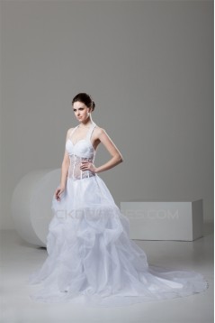 attractive Sleeveless A-Line Halter Satin Organza Wedding Dresses 2030598