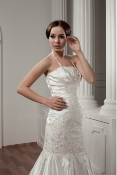 Beautiful Satin Taffeta Sleeveless Lace Halter Wedding Dresses 2030629