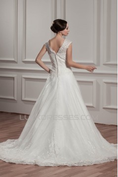 Breathtaking V-Neck A-Line Satin Organza V-Neck Lace Wedding Dresses 2030647