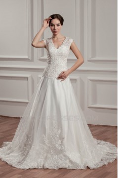 Breathtaking V-Neck A-Line Satin Organza V-Neck Lace Wedding Dresses 2030647