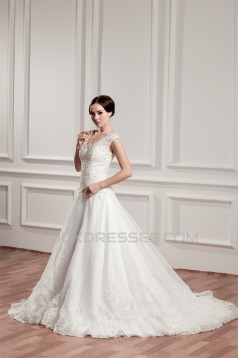 Breathtaking V-Neck A-Line Satin Organza V-Neck Lace Wedding Dresses 2030647