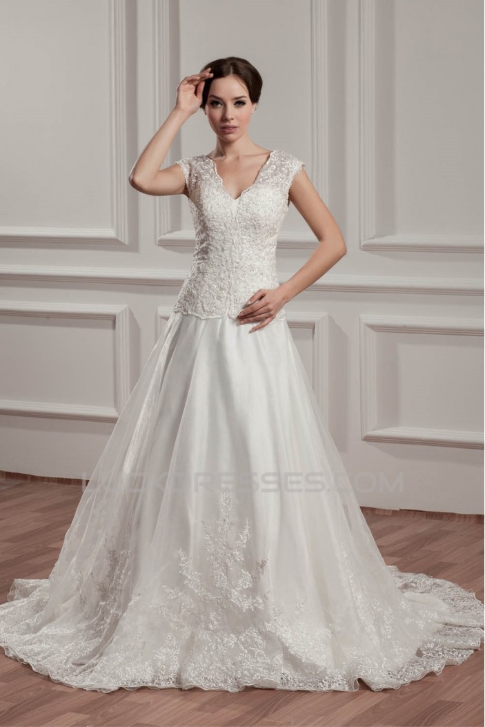 Breathtaking V-Neck A-Line Satin Organza V-Neck Lace Wedding Dresses 2030647