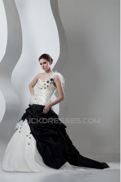 Ball Gown Black White Beading Sleeveless One-Shoulder Wedding Dresses 2030648
