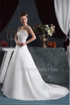 Elegant Satin Strapless A-Line Sleeveless Beaded Wedding Dresses 2030667