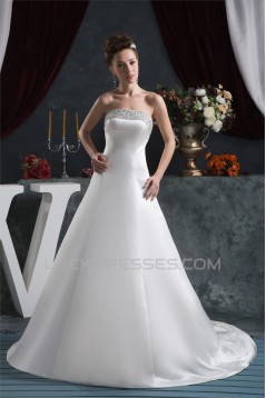 Elegant Satin Strapless A-Line Sleeveless Beaded Wedding Dresses 2030667
