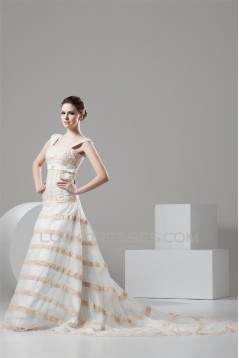 Fantastic A-Line Satin Organza Straps Lace Wedding Dresses 2030677
