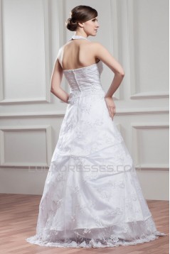 A-Line Satin Organza Sleeveless Halter Beaded Lace Wedding Dresses 2030720
