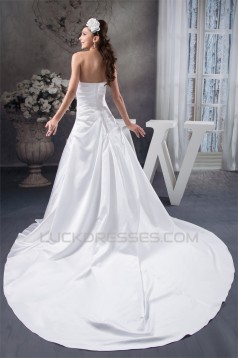 A-Line Soft Sleeveless Satin Strapless Chapel Train Wedding Dresses 2030730