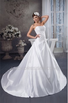 A-Line Soft Sleeveless Satin Strapless Chapel Train Wedding Dresses 2030730