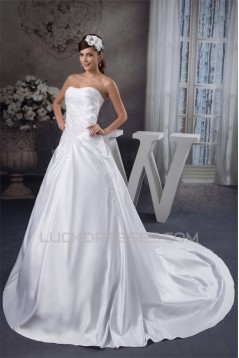 A-Line Soft Sleeveless Satin Strapless Chapel Train Wedding Dresses 2030730