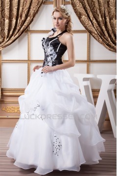Ball Gown Halter Floor-Length Black White Beading Wedding Dresses 2030737