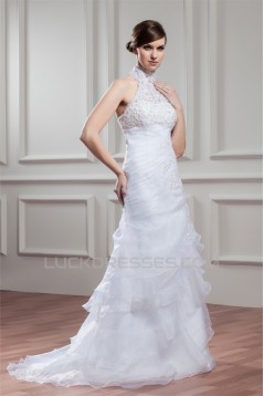 High-Neck A-Line Satin Organza Sleeveless Wedding Dresses 2030739