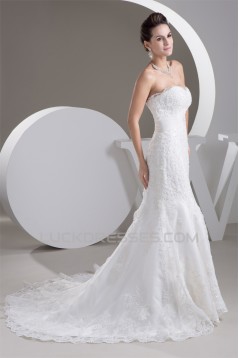 Elegant Trumpet/Mermaid Sweetheart Satin Lace Sleeveless Wedding Dresses 2030744