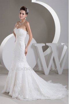 Elegant Trumpet/Mermaid Sweetheart Satin Lace Sleeveless Wedding Dresses 2030744