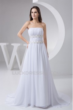 A-Line Strapless Chiffon Beaded Sweep Train Wedding Dresses 2030746