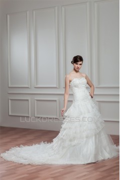 A-Line Satin Organza Sweetheart Chapel Train Lace Wedding Dresses 2030753