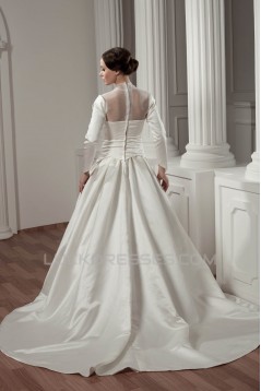 Long Sleeve Satin Fine Netting A-Line Portrait High Neck Wedding Dresses 2030766