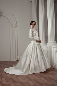 Long Sleeve Satin Fine Netting A-Line Portrait High Neck Wedding Dresses 2030766
