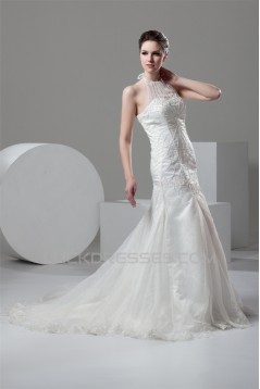 Mermaid/Trumpet Halter Sleeveless Satin Organza Wedding Dresses 2030769