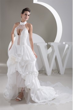 Mermaid/Trumpet High-Neck Sleeveless Satin Taffeta Lace Little White Dresses 2030770