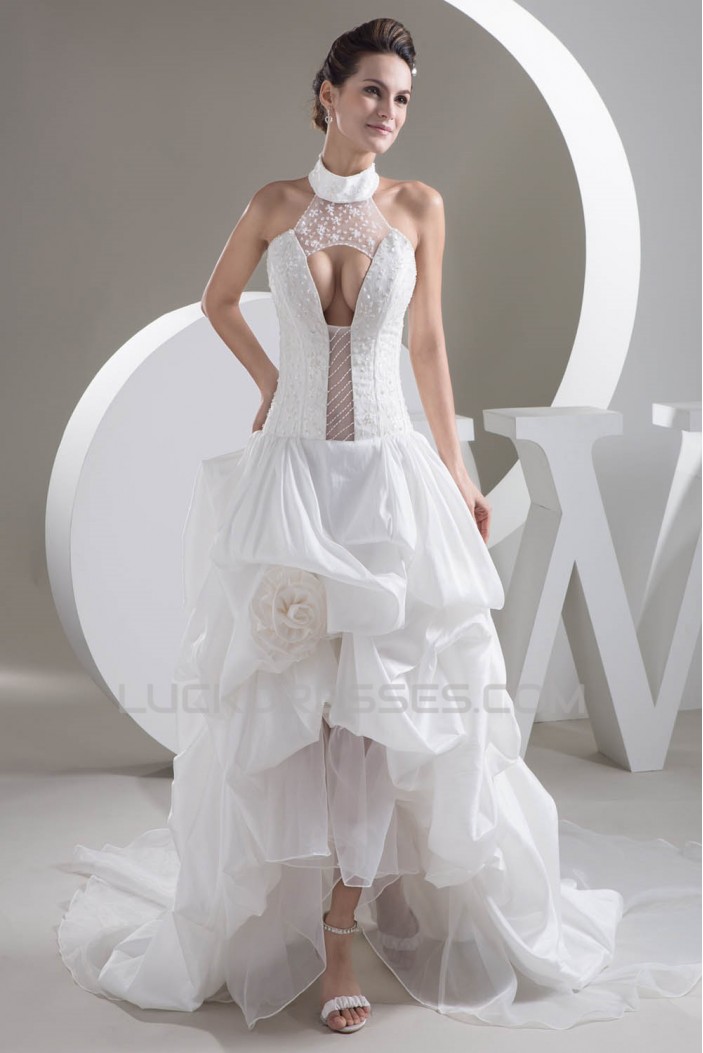 Mermaid/Trumpet High-Neck Sleeveless Satin Taffeta Lace Little White Dresses 2030770