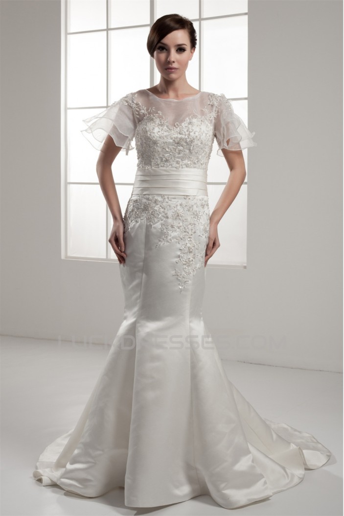 Mermaid/Trumpet Short Sleeve Portrait Lace Wedding Dresses 2030771