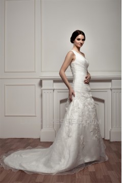 A-Line Satin One-Shoulder Sleeveless Sweet Wedding Dresses 2030786