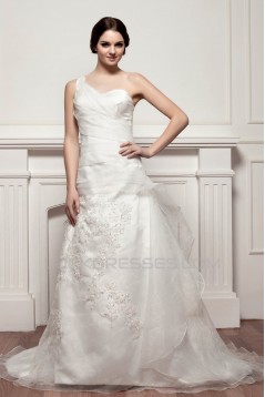 A-Line Satin One-Shoulder Sleeveless Sweet Wedding Dresses 2030786