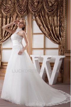 New Design Halter Satin Lace A-Line Sleeveless Wedding Dresses 2030790