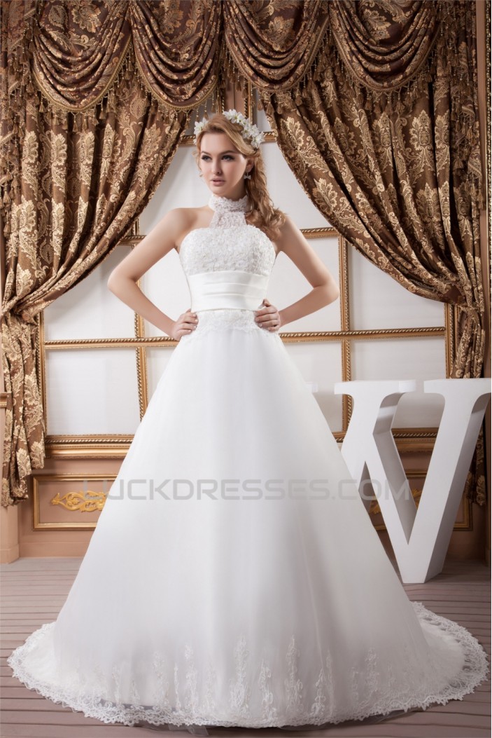 New Design Halter Satin Lace A-Line Sleeveless Wedding Dresses 2030790