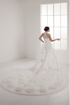 New Design High-Neck Satin Lace A-Line Sleeveless Sweet Wedding Dresses 2030792
