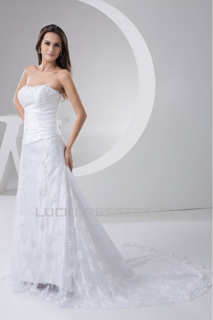 Elegant A-Line Satin Lace Strapless Wedding Dresses 2030795