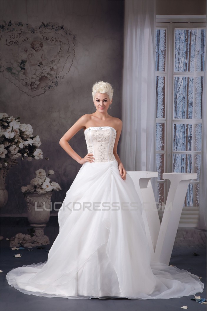 New Style Satin Strapless Sleeveless A-Line Beaded Wedding Dresses 2030805