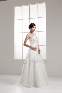 A-Line One-Shoulder Beaded Sleeveless Wedding Dresses 2030809