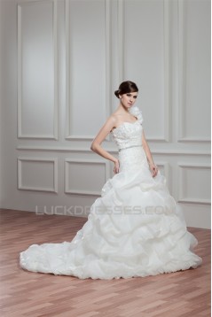 A-Line Satin Organza One-Shoulder Sleeveless Beaded Wedding Dresses 2030815