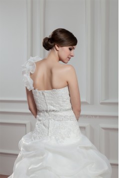 A-Line Satin Organza One-Shoulder Sleeveless Beaded Wedding Dresses 2030815