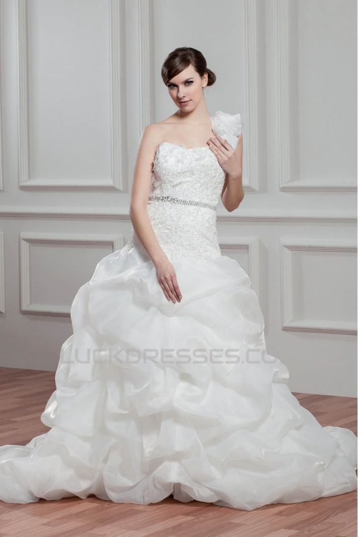 A-Line Satin Organza One-Shoulder Sleeveless Beaded Wedding Dresses 2030815