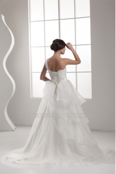 One-Shoulder Sleeveless Satin A-Line Lace Wedding Dresses 2030817