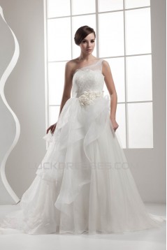 One-Shoulder Sleeveless Satin A-Line Lace Wedding Dresses 2030817