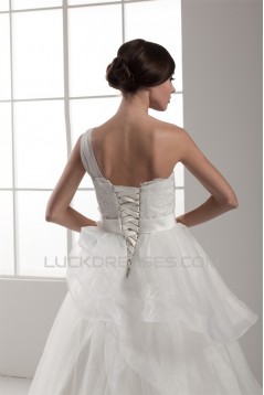 One-Shoulder Sleeveless Satin A-Line Lace Wedding Dresses 2030817