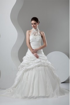 Organza Taffeta Lace High-Neck Ball Gown Sleeveless Wedding Dresses 2030819