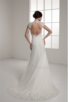 Portrait Sleeveless A-Line Lace Silk like Satin Fine Netting New Arrival Wedding Dresses 2030823