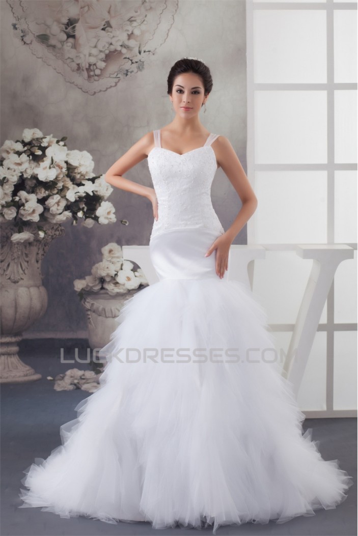 Princess Sleeveless Satin Fine Netting Lace Straps Wedding Dresses 2030825