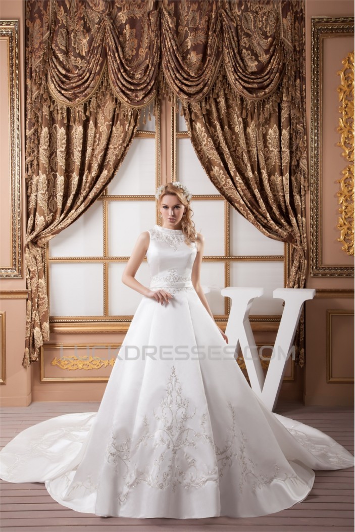 A-Line High-Neck Sleeveless Satin Most Beautiful Wedding Dresses 2030830