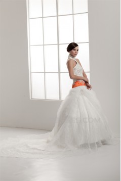 Satin Elastic Woven Satin Sleeveless High-Neck Wedding Dresses 2030834