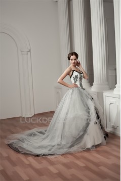 Satin Fine Netting A-Line Strapless Sleeveless Wedding Dresses 2030836