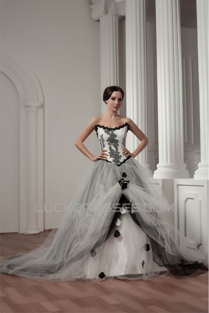 Satin Fine Netting A-Line Strapless Sleeveless Wedding Dresses 2030836