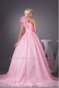 Satin Fine Netting One-Shoulder A-Line Sleeveless Pink Wedding Dresses 2030840